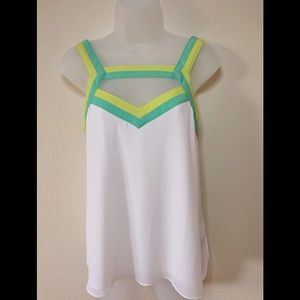 Naked Zebra White Chiffon Cutout Sleeveless Blouse w/ Green & Yellow Trim - Sz S